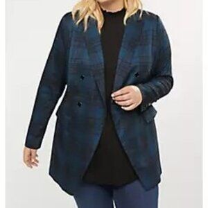 Lane Bryant Longer Length Dark Blue/Green Plaid Jacket with pockets 24
